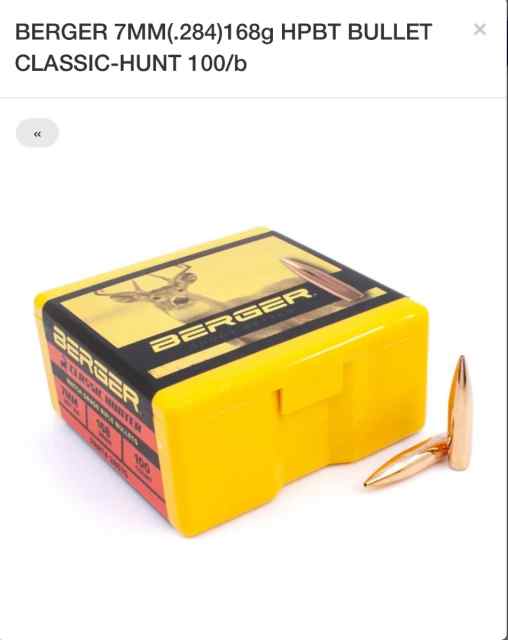 Berger 7mm 168 grain Classic Hunters 500